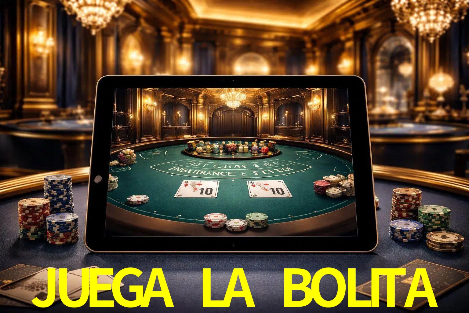 Configuración moderna de casino en vivo con una tableta mostrando una mesa de blackjack, luces cálidas de estudio y una atmósfera elegante de juegos digitales.