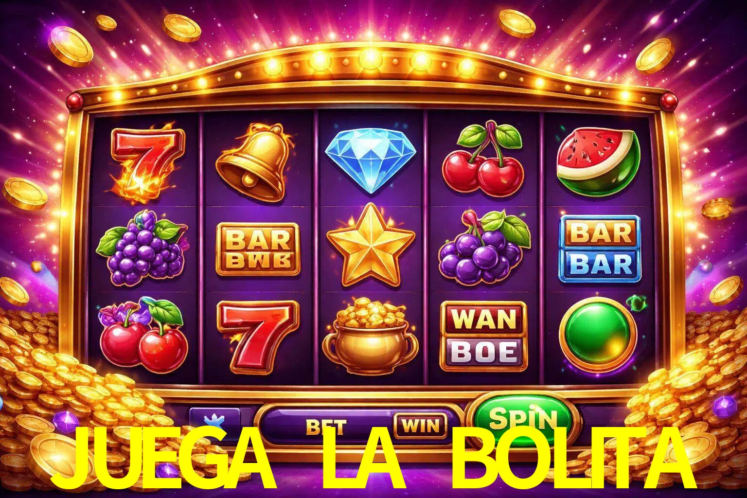 Una interfaz colorida de tragamonedas en línea con símbolos brillantes, monedas y un efecto de victoria celebratoria en JUEGA LA BOLITA.