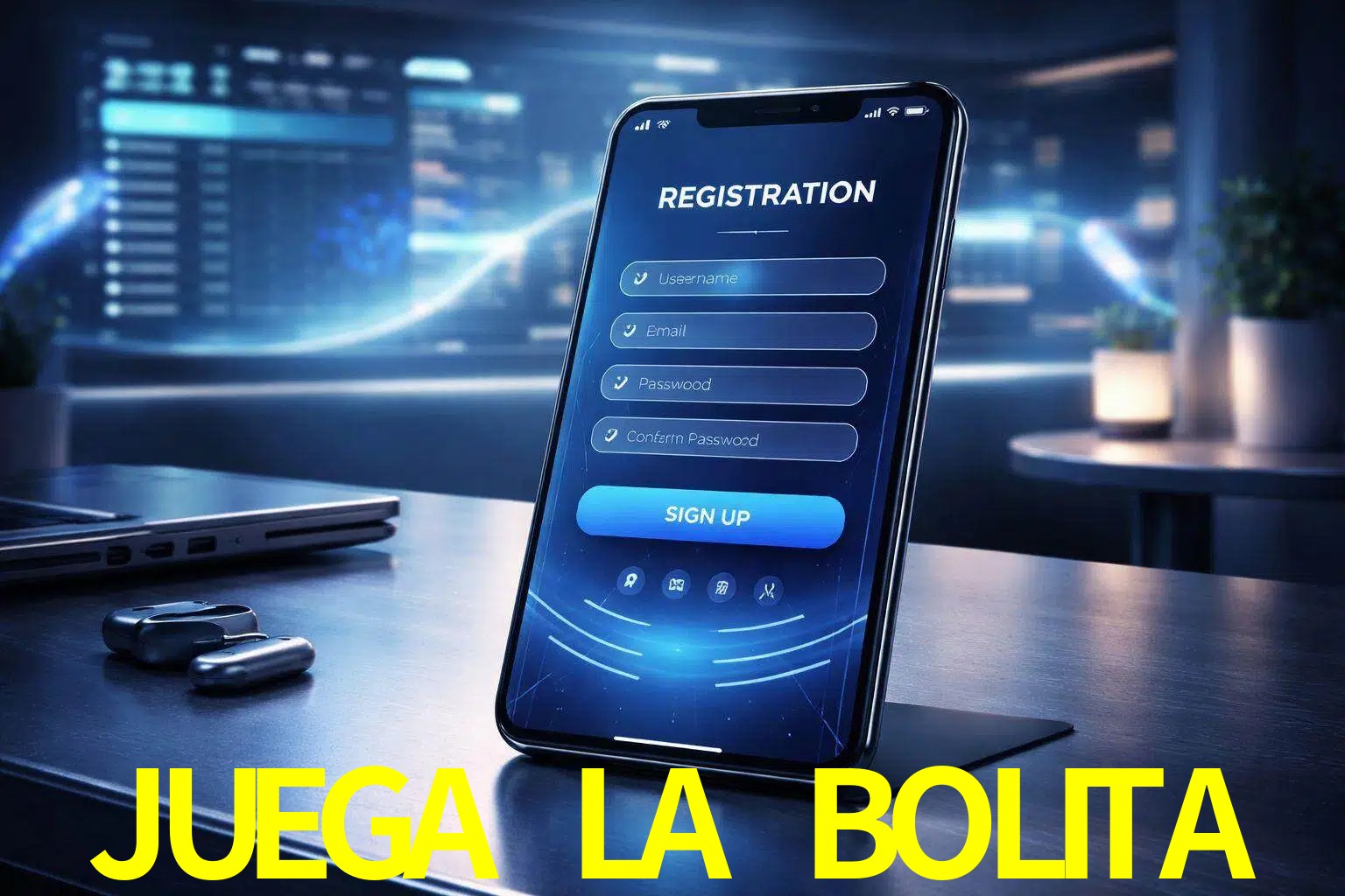 Una interfaz moderna de registro móvil para JUEGA LA BOLITA mostrada en un smartphone con un panel de apuestas elegante.